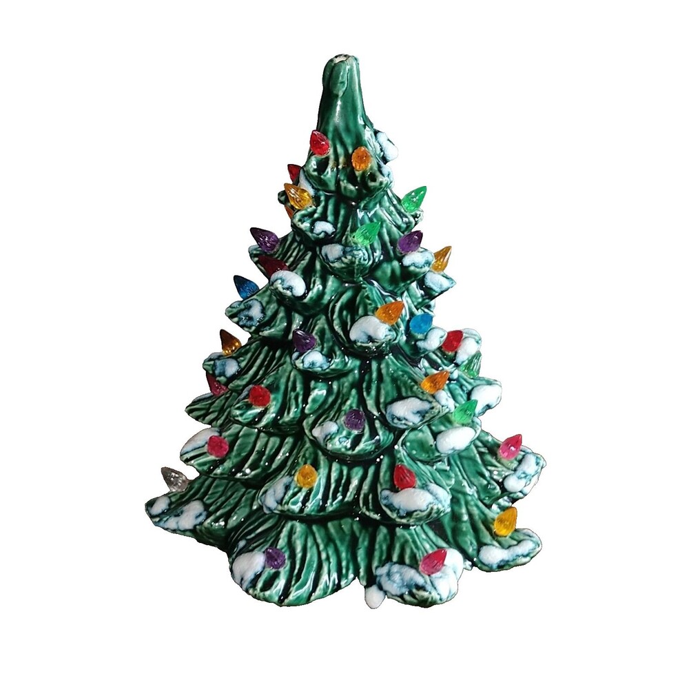Vintage 8" Ceramic Green Christmas Tree w/Frosted Snow Multi Lights NO BASE